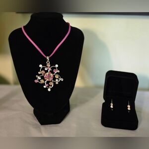 Lia Sophia Pink and Silver Floral Charm Necklace and Earrings Set